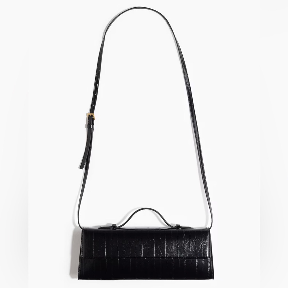H&M Black Patent Faux Leather Structured Top Handle Clutch Bag Minimal evening